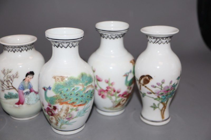 Seven 20th century Chinese famille rose vases, tallest 11cm